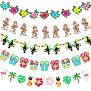 Tropical Hawaiian Party Banner Flamingo Pineapple Palm Leaves Hibiscus Garland Summer Beach Birthday Decoration Paper Hanging Decor