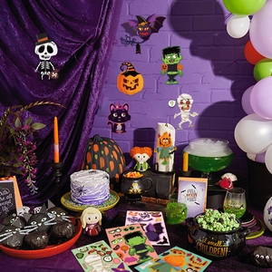 Halloween stickers with pumpkin, skull, and black cat designs for DIY party decorations