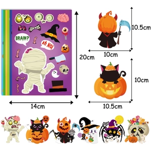 Afmetingen van Halloween DIY-stickers met mummie- en pompoenontwerpen in detail