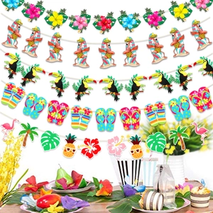 Tropical Hawaii banner set with flamingo, pineapple and floral beach party decorations