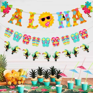Tropical Hawaii Aloha party banners with pineapple and flamingo floral decorations