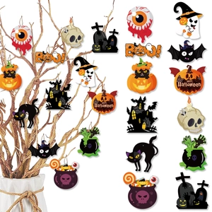 Halloween Cardboard Hanging Decorations Set Pumpkin Skull Ghost Bat Black Cat For Party Home Yard Decor