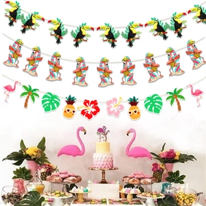 Tropical Hawaii party banner set with flamingos, pineapples, and palm leaves decoration