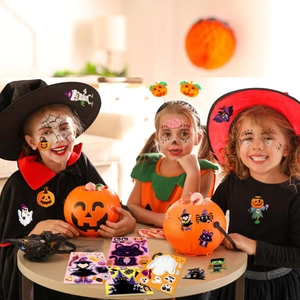 Halloween DIY face stickers for kids with pumpkin, ghost, and witch cartoon designs
