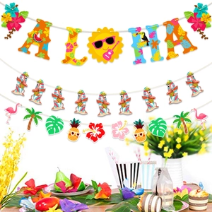 Hawaii Aloha party banner set with flamingos and pineapples for summer beach decorations