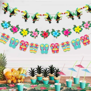 Hawaiian party banner set with toucan, hibiscus flowers, and flip flop decorations