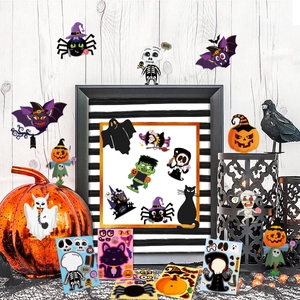 Halloween DIY sticker set featuring pumpkins, ghosts, and bats on a wooden wall