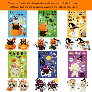 Gedetailleerd raster met zes Halloween DIY-stickervellen met pompoen- en spookmotieven