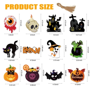 Set of 12 Halloween hanging decorations with pumpkins and skulls including size details