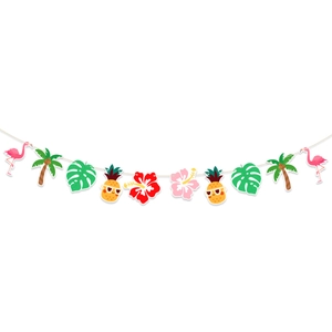 Tropical Hawaii party banner with flamingo, pineapple, and palm leaf decorations