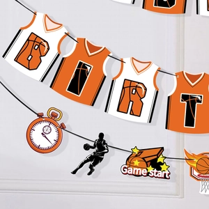 Detail von Basketball-Trikot-Buchstaben und Sportanhängern für Themenparty-Banner