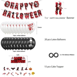 Halloween party set with bloody handprint balloons, skull banners and cake toppers