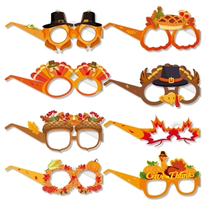 Détail de 8 lunettes de fête de Thanksgiving en papier avec motifs dinde et feuilles d'érable