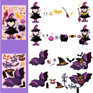 DIY Halloween stickers set featuring witch and bat characters with mix-and-match face elements