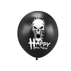 Detail of black Halloween balloon with a white skull motif and Happy Halloween text