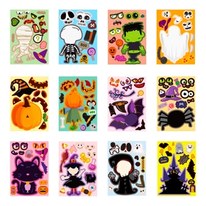 Detail view of 12 unique Halloween DIY sticker sheets featuring pumpkins and ghosts
