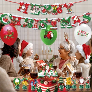 Christmas party decoration set with Merry Christmas banners, balloons and cake toppers