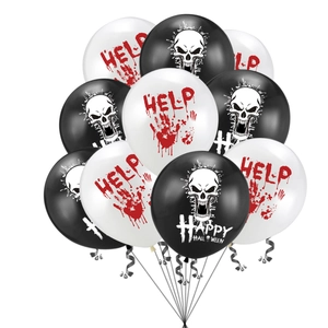 Halloween party balloons set with bloody handprints and skulls in black and white colors