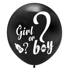 Gros plan sur ballon noir de 36 pouces pour révélation de genre avec texte blanc