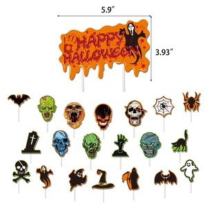 Halloween party cupcake toppers set with pumpkin banners and scary ghost cake decorations