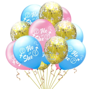 Gender reveal balloon set with blue and pink latex and gold confetti for baby shower party