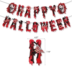 Bloody Happy Halloween banner with scary meat cleaver and severed limb decorations