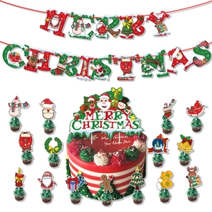 Merry Christmas party decorations set with festive banner and holiday cake toppers