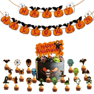 Halloween party decoration set with Happy Halloween banners and assorted cake toppers