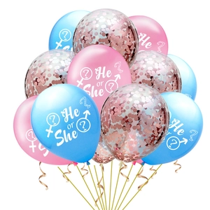 Detailed bunch of He or She gender reveal balloons with pink blue and rose gold confetti