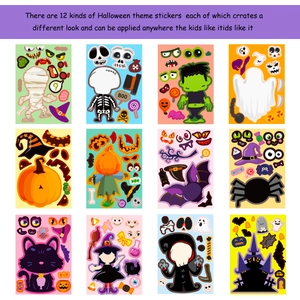 12 sheets of Halloween DIY puzzle stickers featuring pumpkin skull ghost and black cat