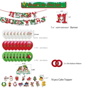 Detailed chart of Christmas party set including Merry Christmas banner and themed balloons