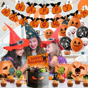 Halloween party decorations set with pumpkin banners, balloons, and cake toppers for home
