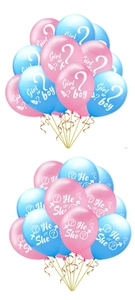 Détail de ballons Gender Reveal bleu et rose avec inscriptions Girl or Boy et motifs