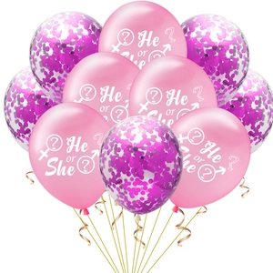 Pink He or She latex balloons and transparent confetti balloons for gender reveal party