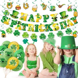 Detailed set of St. Patrick's Day decorations with lucky clover banners and green balloons