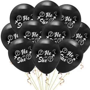 Gender reveal balloons set in black latex with He or She print and gold ribbons