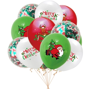 Close-up of festive Christmas balloons featuring Santa, reindeer and glitter confetti