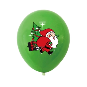 Close-up of a green Christmas balloon with Santa Claus and a festive tree print