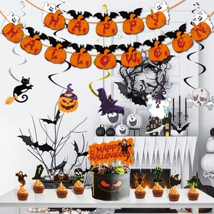 Halloween party decoration set with Happy Halloween banner pumpkin swirls and cake toppers