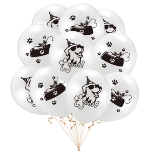 Palloncini in lattice bianco con motivi per feste di cani e testo Woof per compleanni