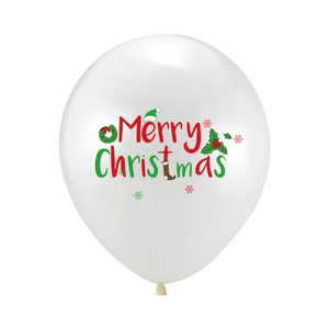 Close-up of a white latex balloon featuring a festive red and green Merry Christmas print