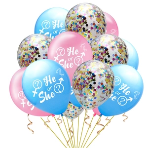 Gender reveal balloons set with He or She print and blue pink gold ribbons