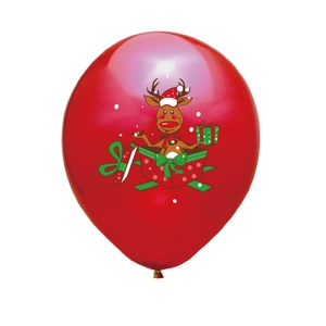 Red Christmas latex balloon with cute cartoon reindeer popping out of a gift box design