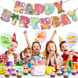 Set decorazioni compleanno dinosauro rosa con striscione, topper per torta e palloncini bimba