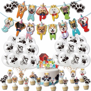 Set decorazioni compleanno a tema cane con striscioni di razze e palloncini con zampe