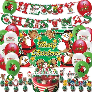 Merry Christmas party set with banner, balloons, backdrop and festive cake toppers