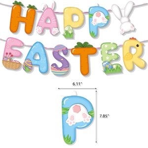 Happy Easter banner dimensions showing colorful egg and bunny flags with height of 7.85 inches