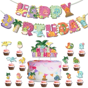 Decorazione per Festa di Compleanno con Dinosauro Rosa Banner e Topper per Torta Tema Dinosauro Tropicale per Bambini Ragazze