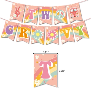 Two Groovy Birthday Party Decorations Retro Pink Boho Hippie Theme Banner Cake Toppers Daisy Rainbow Peace Sign Party Supplies