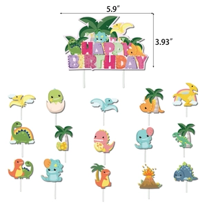 Set decorazioni per torta di compleanno dinosauro rosa con banner e simpatici personaggi